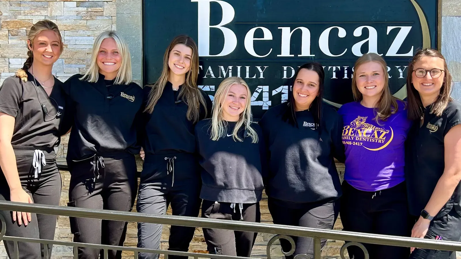 Dental assistants outside Bencaz Family Dentistry in Denham Springs.